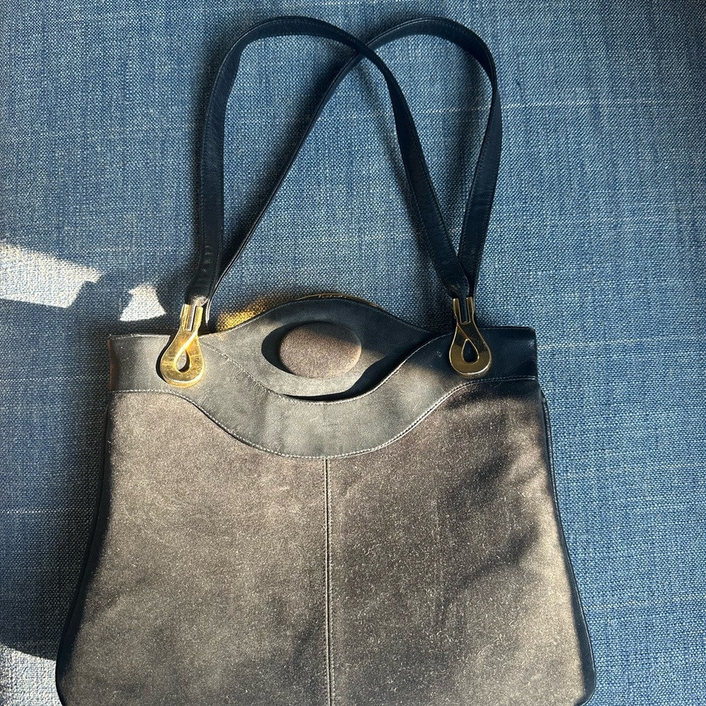 Vintage Lou Taylor Black Suede Shoulder Bag with 24K Gold, Italian